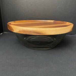 Ocean Thailand Glass Bowl & Wood Lid/Platter Marked Minimalist Neutral